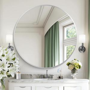 Silver Round Mirror, 42 inch Large Circle Mirrors, Aluminum Metal Frame Big Round Bathroom Mirror, Oversized Circle Mirror, Huge Circular Mirrors for Wall Bathroom Entryway Bedroom Living Room (42"L x 42"W, Silver Frame)