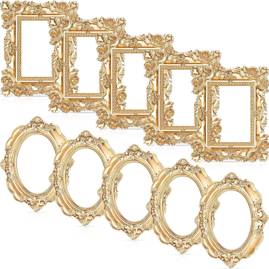 Leinuosen 10 Pcs Mini Gold Frames Vintage Resin Picture Small Antique Gold Tiny Oval Rectangle Baroque DIY Wall Hanging Frames for Home Decor Photo Props, Without Backing