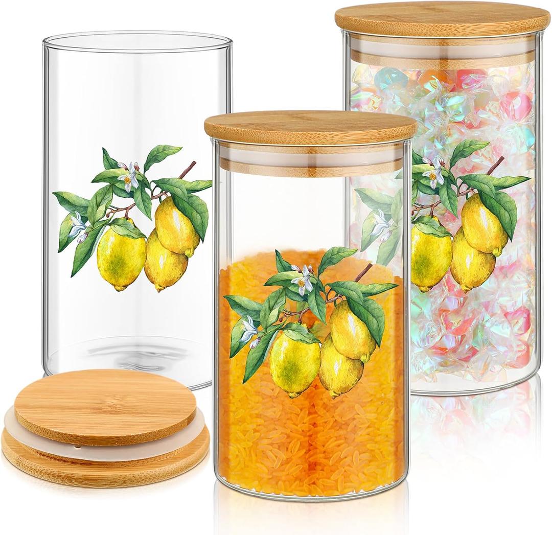 Layhit 3 Piece Lemon Glass Canister Set 24oz Borosilicate Jars with Airtight Bamboo Lids Lemon Decoration Kitchen Storage for Coffee Tea Flour Cookies Farmhouse Countertop Decoration