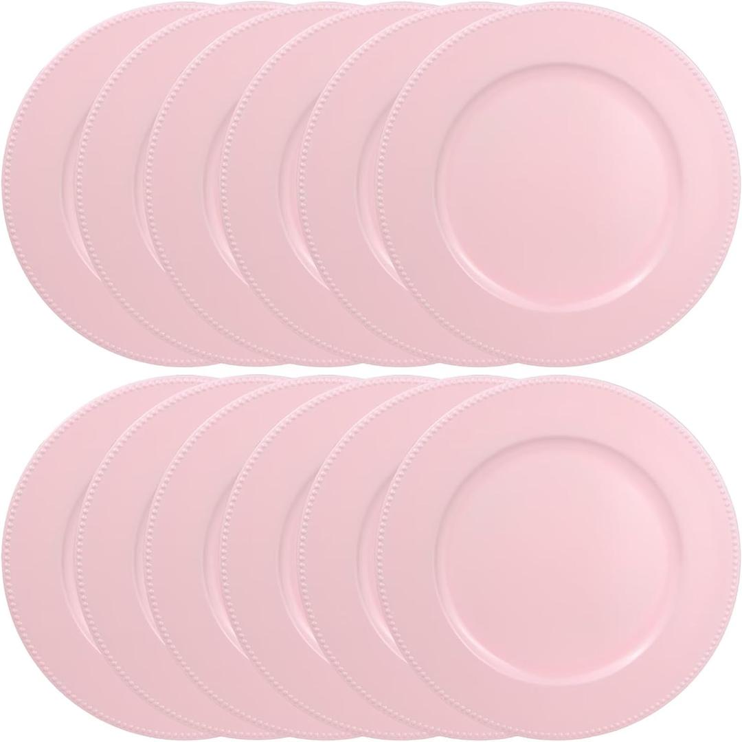Set of 12 Plastic Pink Charger Plates, Elegant Chargers for Table Dinner Decoration, Wedding, Holiday,13" (Silver)
