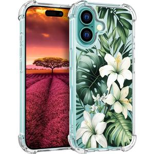 Compatible with iPhone 16 Plus Case Cute Clear for Women,Cool Transparent Silicone Phone Cases Cover - Green Tropical White Hibiscus