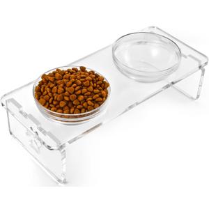 Elevated Dog & Cat Bowls  3.75 Acrylic Raised Pet Feeder Stand with 2 Stainless Steel & 2 Glass Bowls  Food & Water Dish Set for Puppy/Small Dogs & Cats