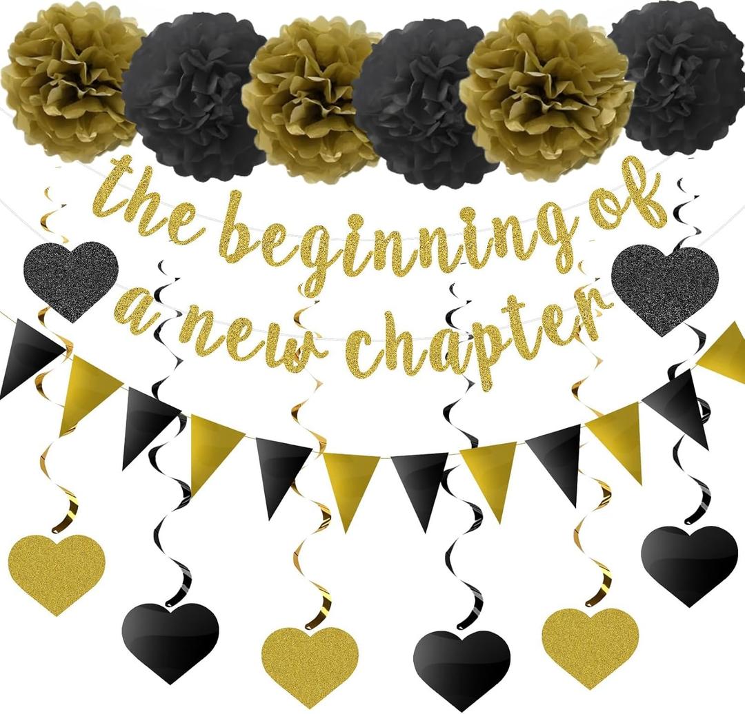 3 x The Beginning of a New Chapter Banner Funny Going Away Party Graduation Happy Retirement Party Decorations Supplies Glitter Black Gold Goodbye Farewell Party Decoration for Coworker Friends Graduates