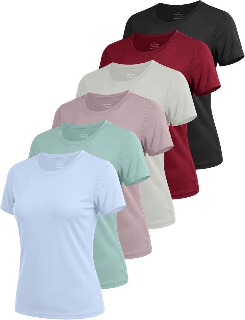 6 Pack Workout Tops for Women Short Sleeve UPF Sun Protection Athletic T Shirts Quick Dry Tennis Yoga Running Crew Neck Tee (M)
