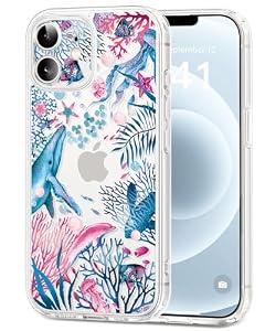 Dibrell for iPhone 12 Case, [Full Camera Protection] [Not Yellowing] [Military-Grade Drop Protection] Cute Clear Slim Shockproof Protective Phone Cover for Women Girls 6.1", Undersea Song/ Blue