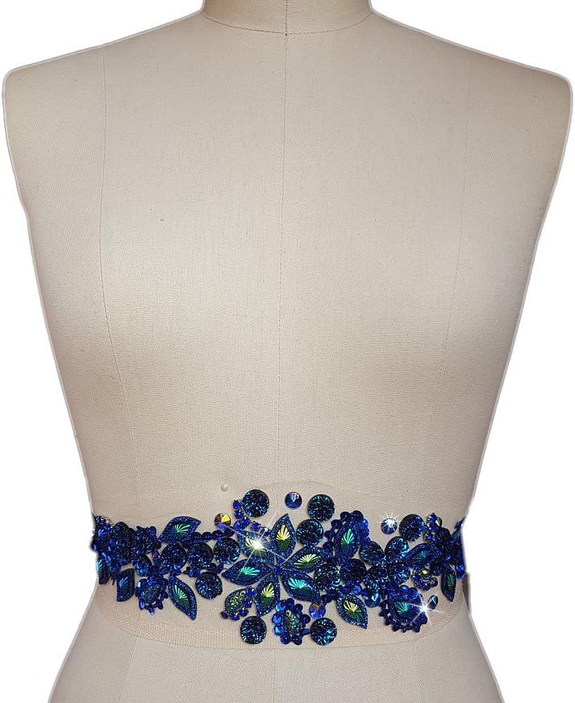 Fashion! Pure Handmade Bright Crystal Patches Sew-on Blue Rhinestones Applique with Stones Sequins Beads DIY for Wedding Dress Decor Accessory 3.9x14.2 Belt Waist Decoration