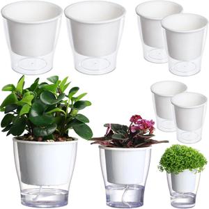 DEELF OUTLET 6-Pack  Clear Self-Watering Planters Medium African Violet Pots Plastic Wick Flower Plant Pots for Indoor Plants, Spider Plant, Orchid Pot, Clear and White