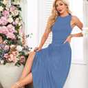 AUSELILY Womens Maxi Dress 2025 Summer Sleeveless Casual Slim Flowy Pleated Long Dresses with Pockets (Blue, L)