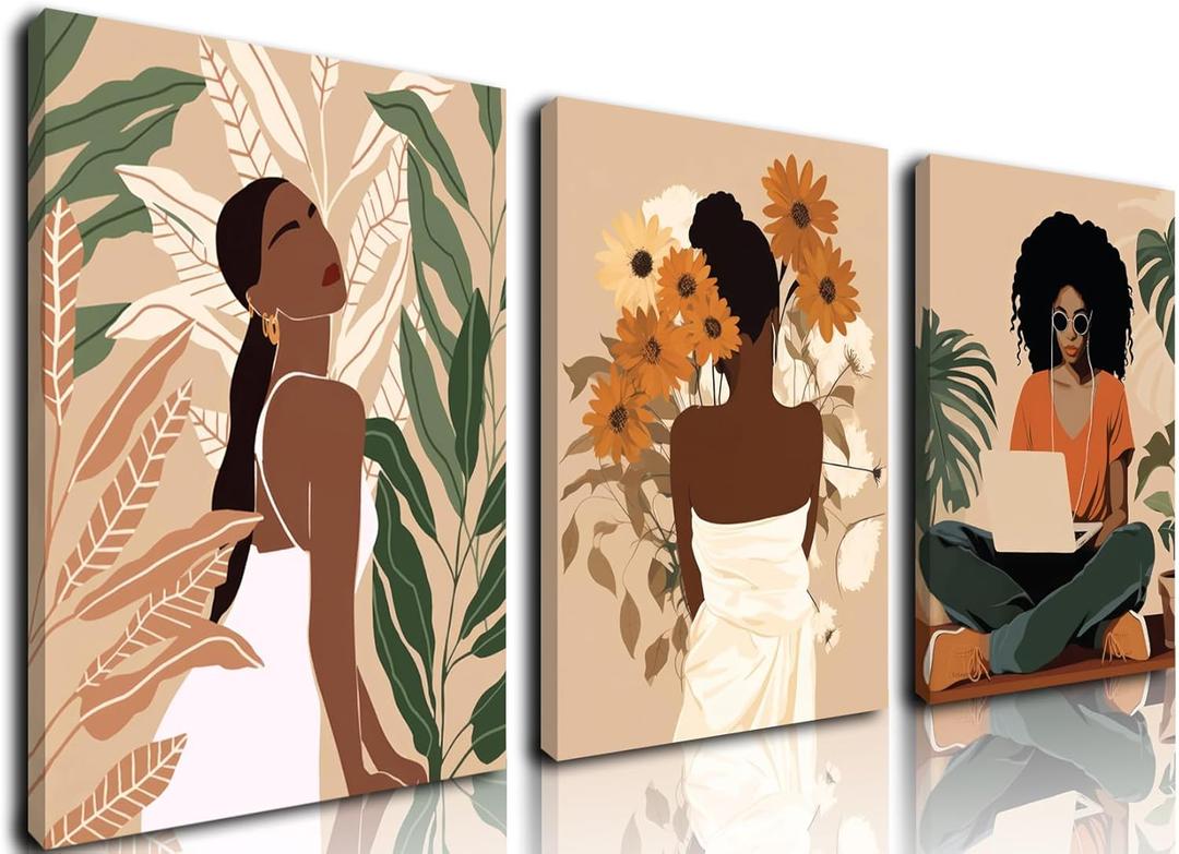 3 PAck Framed Black Girl Wall Art Set of 3, Black Woman with Floral Pictures Wall Decor Paintings, Fashion African American Female Canvas Prints Home Decor for Living Room Bedroom Office 12x16 inch (16L" x 12W")