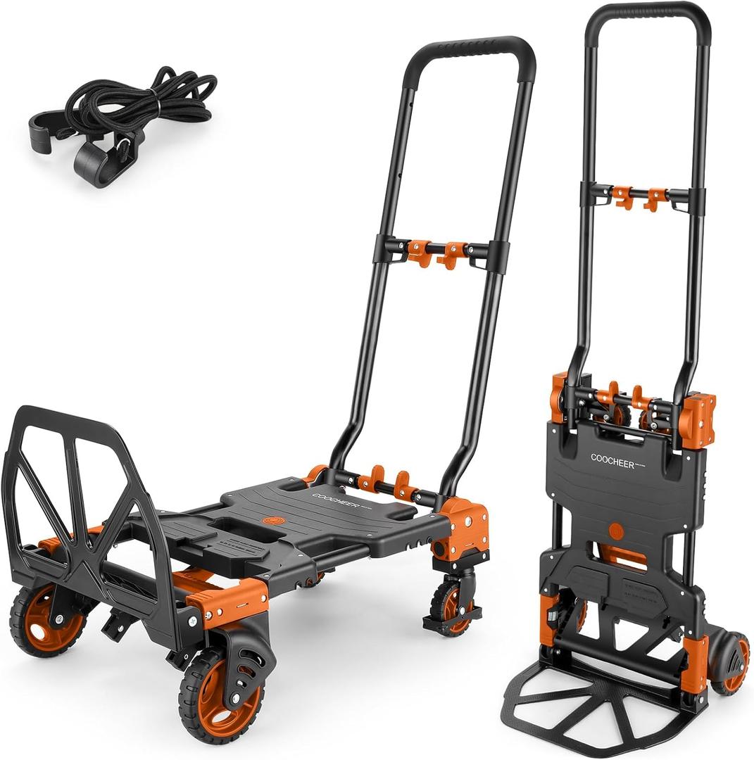 330LB Folding Hand Truck Moving Dolly, Hand Trucks Heavy Duty Combination of 4 Wheels and 2 Wheels Convertible Dolly Cart with Retractable Handle Dolly for Moving Office Carts(Orange)