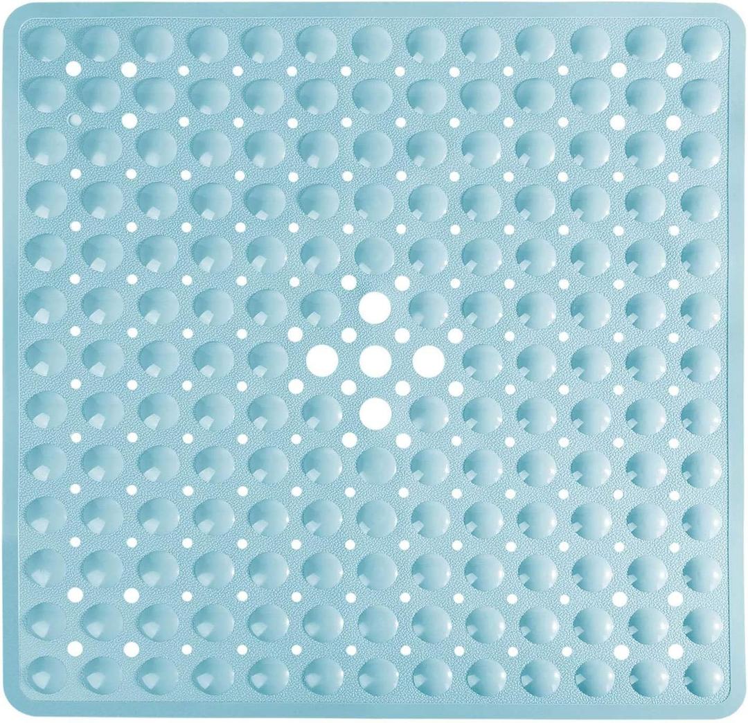 Yimobra Shower Stall Mat Non Slip, 21x21 Inch, Soft Square Bath Mat for Shower with Suction Cups and Drain Holes, Stall Floor Mats for Bathroom, Machine Washable, Bathroom Accessories, Light Blue
