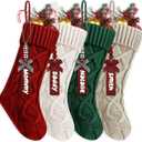 4Pack Personalized Christmas Stockings with Wooden Name Tags, 18 inches Xmas Cable Knitted Stocking for Holiday, Hanging Decoration Gifts for Family Party(White & Red & Green & Khaki)