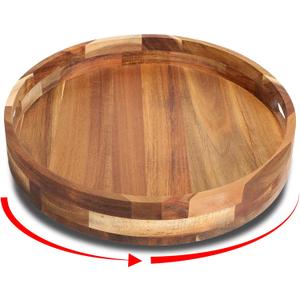 Acacia Wooden Lazy Susan for Table Top-12 Inch Wooden Lazy Susan Turntable with Double Handle-Large Acacia Wooden-Spice Organizer for Countertop, Table, Cabinet