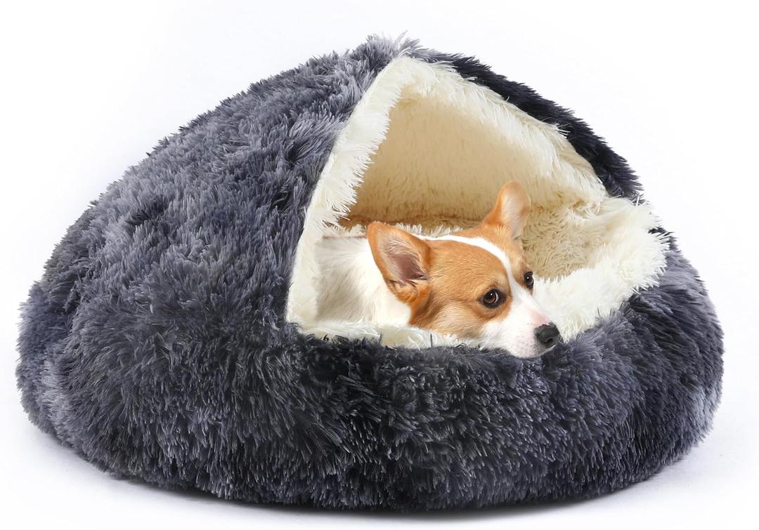 Dog Bed Round Hooded Plush Cat Cave Self Warming Pet Bed Donut Anti Anxiety Fluffy Pet Bed for Puppy and Kitty (Medium 23.6'', Dark grey)