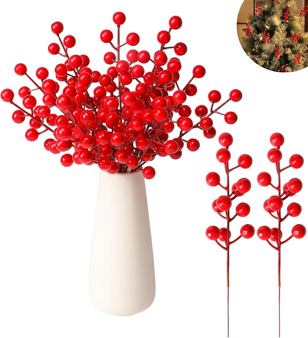 Kisflower 50 PCS Christmas Artificial Red Berry Stems Fake Holly Berry Pick for Christmas Tree Decorations DIY Crafts Xmas Ornaments Wedding Holiday Home Decor