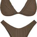 ZAFUL Women's Sexy Two Piece Swimwear Textured Triangle Plunging Neck High Cut Cheeky Bikini Set Solid Color Swimsuit (Large, Deep Coffee)