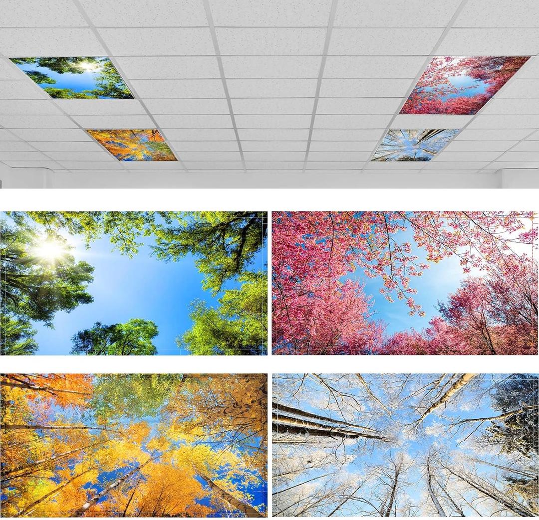 ROCEEI Pack of 4 Fluorescent Light Covers for Ceiling Lights, 4 x 2 Ft, Magnetic Light Covers for Classroom Office Home School Ceiling Decor(Season)