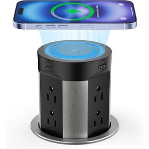 Kungfuking Pop Up Outlet for Countertop Kitchen, 15W Wireless Charger, 75W USB C Counter Top Electrical Power, 8 Outlets & 4 USB Ports, 4" Hole Recessed Popup Outlet for Island Conference Table
