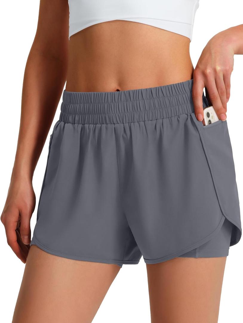 Ksmien Women's Running Shorts Quick Dry Lightweight Athletic Workout Shorts with Liner Phone Pockets, Large, Dark Grey