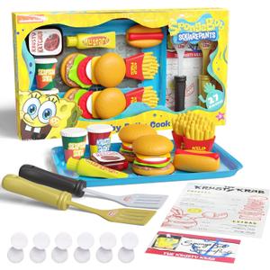 Spongebob Kids Kitchen Playset - Interactive Play Food with 2 Krabby Patty Burgers, Seafoam Shake, Kelp Fries, Spongebob Toys Kitchen Set for Kids Ages 3-5 Includes Velcro Dots