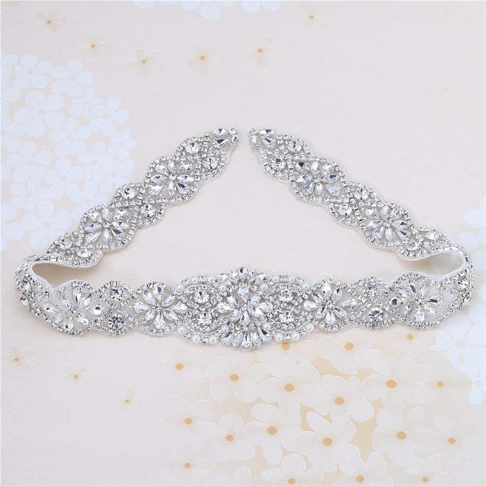 Bridal Rhinestone Appliques, FANGZHIDI 23.4 Inches Silver Beaded Patches with Sparkle Clear Crystal Stone and Pearls- Best for DIY on Wedding Dress, Sew on or Iron on Bridal Belt Sash, Wedding Cake (L23.4"*W2.0", FA-637)