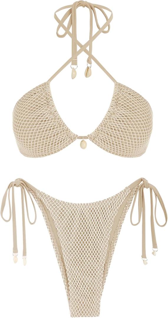 ZAFUL Women's Bikini Set Fishnet Triangle Tie Convertible Collar Halter Bandeau Shell Two Piece Bathing Suit (Large, Khaki)