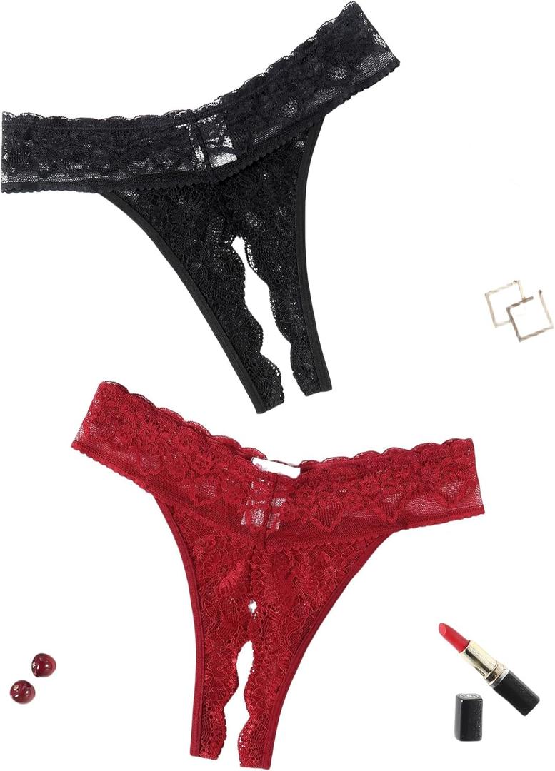 Avidlove Sexy Panties for Women Lace Cheeky Underwear Low Rise T Back Hipster Thong 2 Pack (Black+Wine Red), XL
