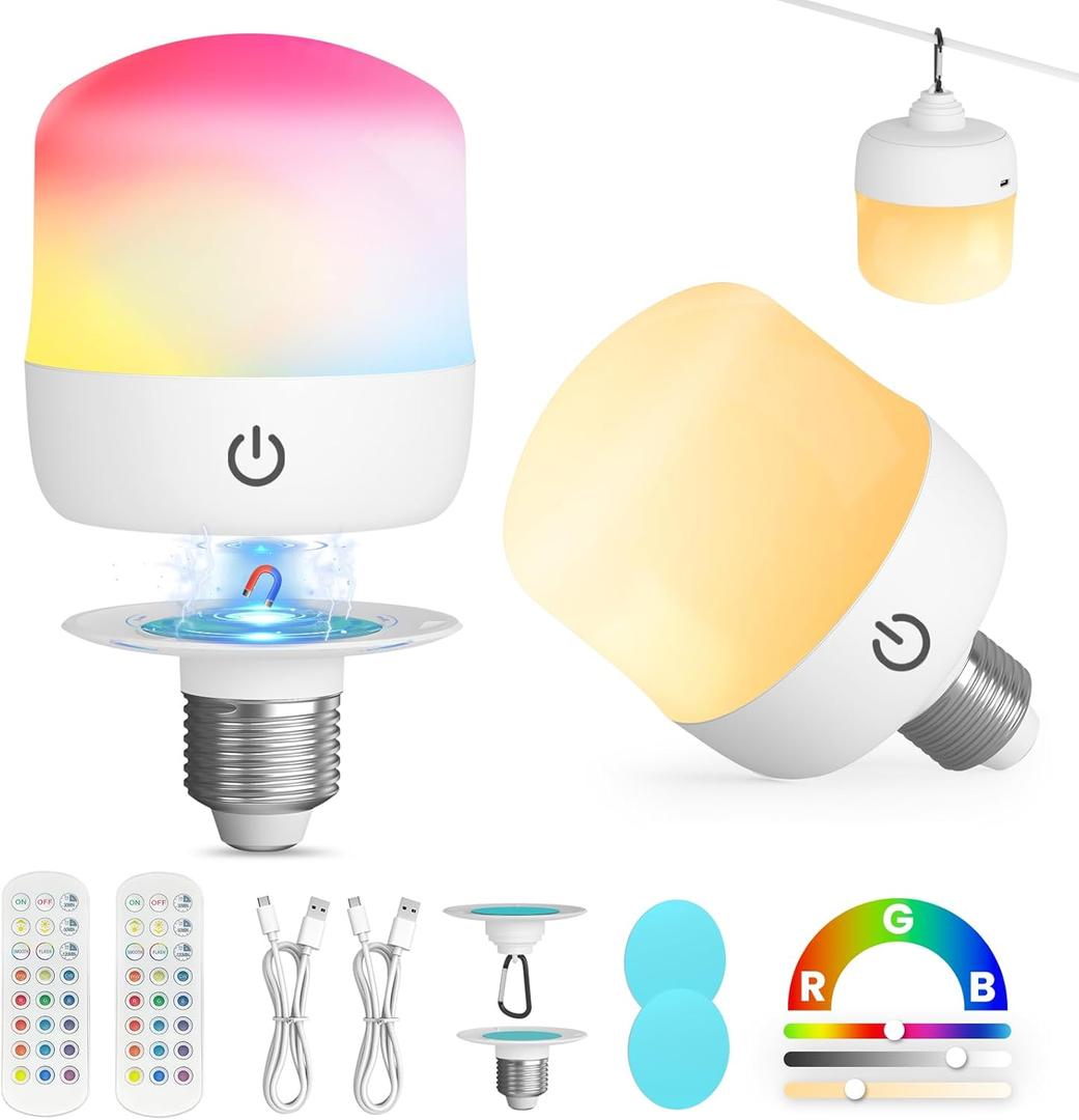 UNILAMP Rechargeable Light Bulbs with Remote, 4000mAh Battery Operated Bulb with 15 Colors & 3 Timer, E26 Dimmable Magnetic Detachable Wireless Cordless LED Bulb for Non-Hardwired Fixture, 2 Pack
