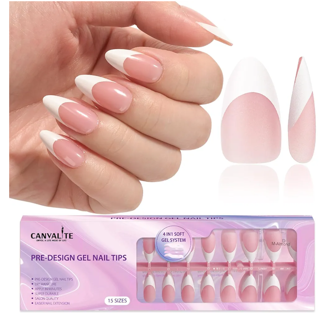 Canvalite French Tip Press on Nails Gel Nail Tips - 300Pcs Pre-Colored Quick and Easy Press on Nails Almond Fake Nails with Designs DIY Nail Extensions Valentines Day Gifts for Her, Pink-M-Almond-White