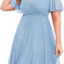 ZOMVA Plus Size Sparkly Mesh Dress A Line Ruffle Sleeve V Neck Wrap Short Glitter Dresses Wedding Guest Cocktail Party (Light Blue, 4X)