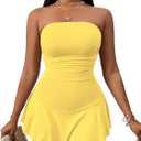 WDIRARA Women's Strapless Tube Romper Ruched Ruffle Unitard Shorts Jumpsuit (Large, Yellow)