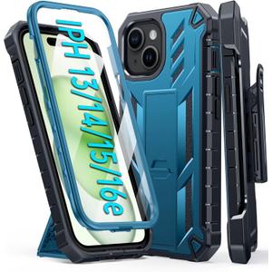 FNTCASE for iPhone 15 Phone Case: for iPhone 14/13/16e Case Military Shockproof Protective Rugged Cell Phone Cover with Kickstand & Belt-Clip Holster, Heavy Duty Hard Cases 5G - 6.1 Inch Blue