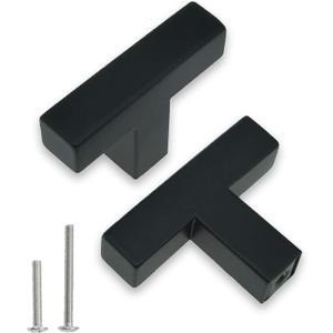 Hardware Handle, 2 Pack Square T-Shaped Cabinet Pulls, Matte Black, Stainless Steel, 1.9 inches, Cupboard Cabinets Drawer Knobs (Single Hole (0 inch Centers/0mm))