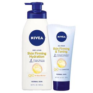 NIVEA Sheer Hydration Skin Firming Body Lotion (16.9 Fl Oz) + NIVEA Skin Firming & Toning Body Gel Cream with Hyaluronic Acid (6.7 Oz), Enriched with Q10 and Vitamin C