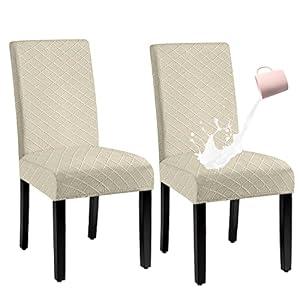 BOGUANG Waterproof Dining Chair Cover, Spandex Fabric Fit Stretch Chair Slipcover, Removable Washable Jacquard Parsons Chair Covers (Beige, Set of 2)