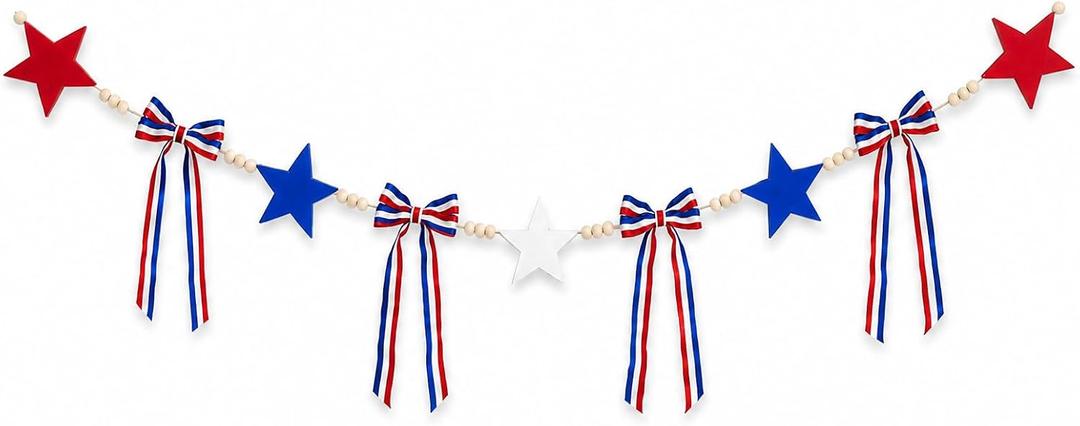 QCWN 5.58ft 4th of July Patriotic Garland 4th of July Decorations, Red White and Blue Wooden Star Bead Banner with Ribbon Bows, Rustic Farmhouse Independence Day Memorial Day Mantel Fireplace Wall