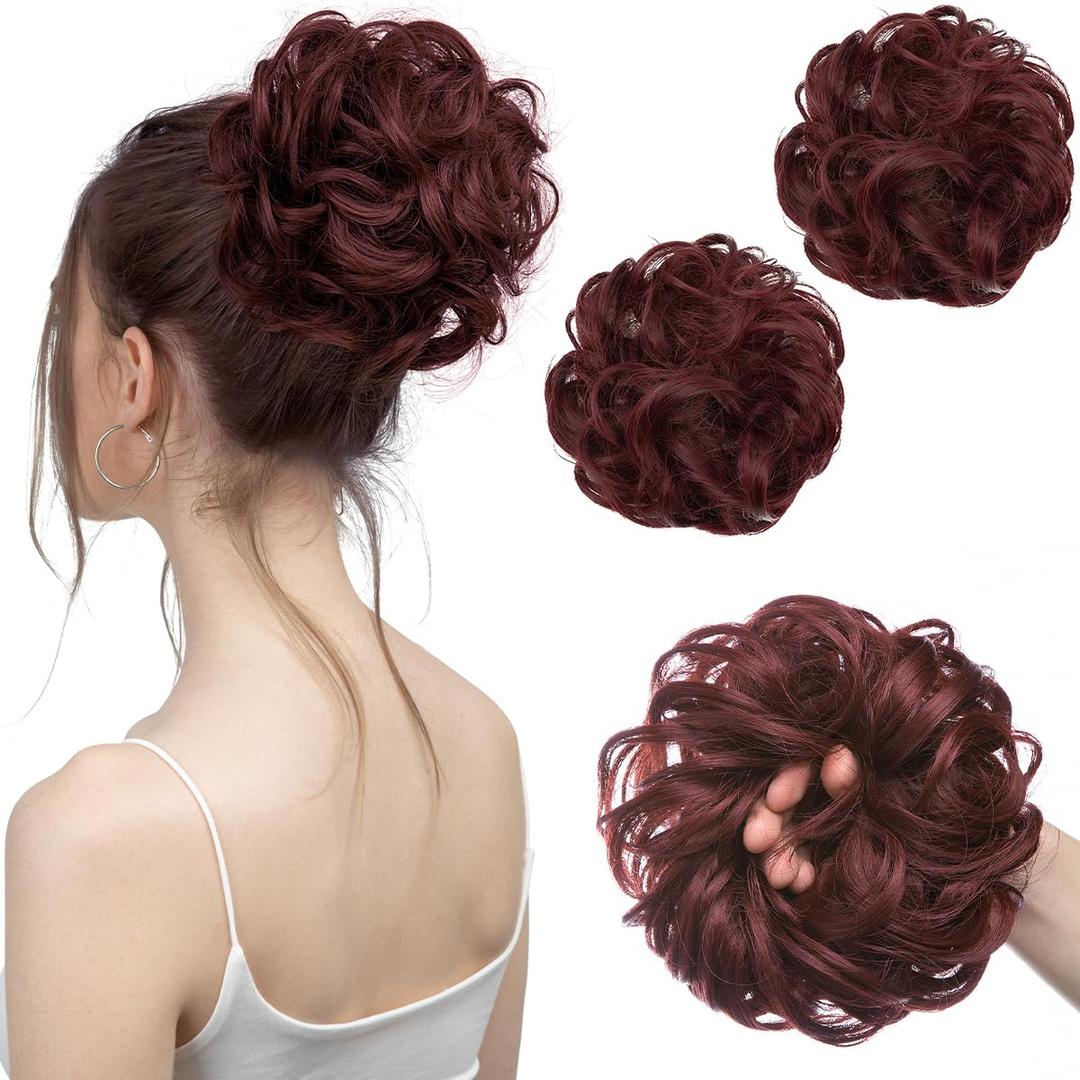 SARLA 2PCS Burgundy Messy Hair Bun Hair Pieces Wavy Curly Synthetic Updo Fake Scrunchies Ponytail Extension for Women Wine Red (2PCS-Wine Red)