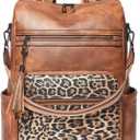 Shrrie 15.6 inch Laptop Backpack for Women,Large Leather Purse,Travel Backpacks Carry on,Water Resistant Casual Laptop Backpacks,College Backpack,Work Backpack for Women,Two-tone Camel Brown (Brown With Leopard)