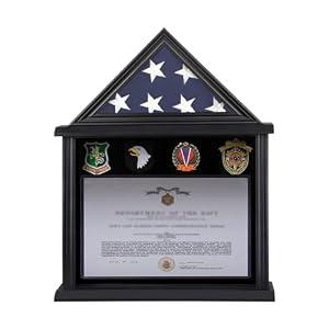 Zmiky Flag Display Case American Flag Solid Wood Display Case Fits a 3 X 5 Flag Folded Military Shadow Box with Felt Lining Holder for Certificate Pins Insignia Medals, Black