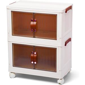G-Rack Stackable Storage Organiser - Space-Efficient Plastic Storage Bin with Doors - Practical, Removable, Foldable Cabinet - Movable, Stackable Storage Bins - Transparent/White - Set of 2