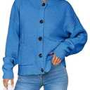 Saodimallsu Womens Button Up Cardigans Fall Crew Neck Fuzzy Knit Long Sleeve Cropped Sweater Jacket with Pockets (Medium)