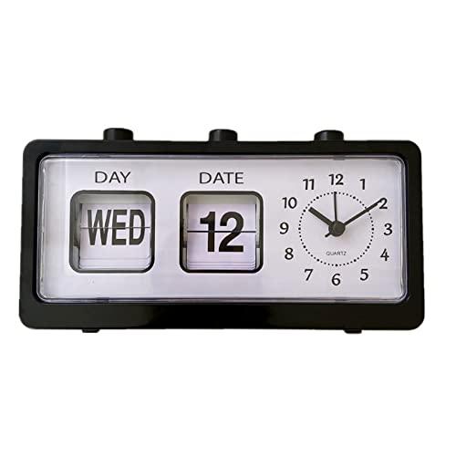 Manual Calendar Alarm Clock, Manual Calendar Clock Desktop Vintage for Office (Black)