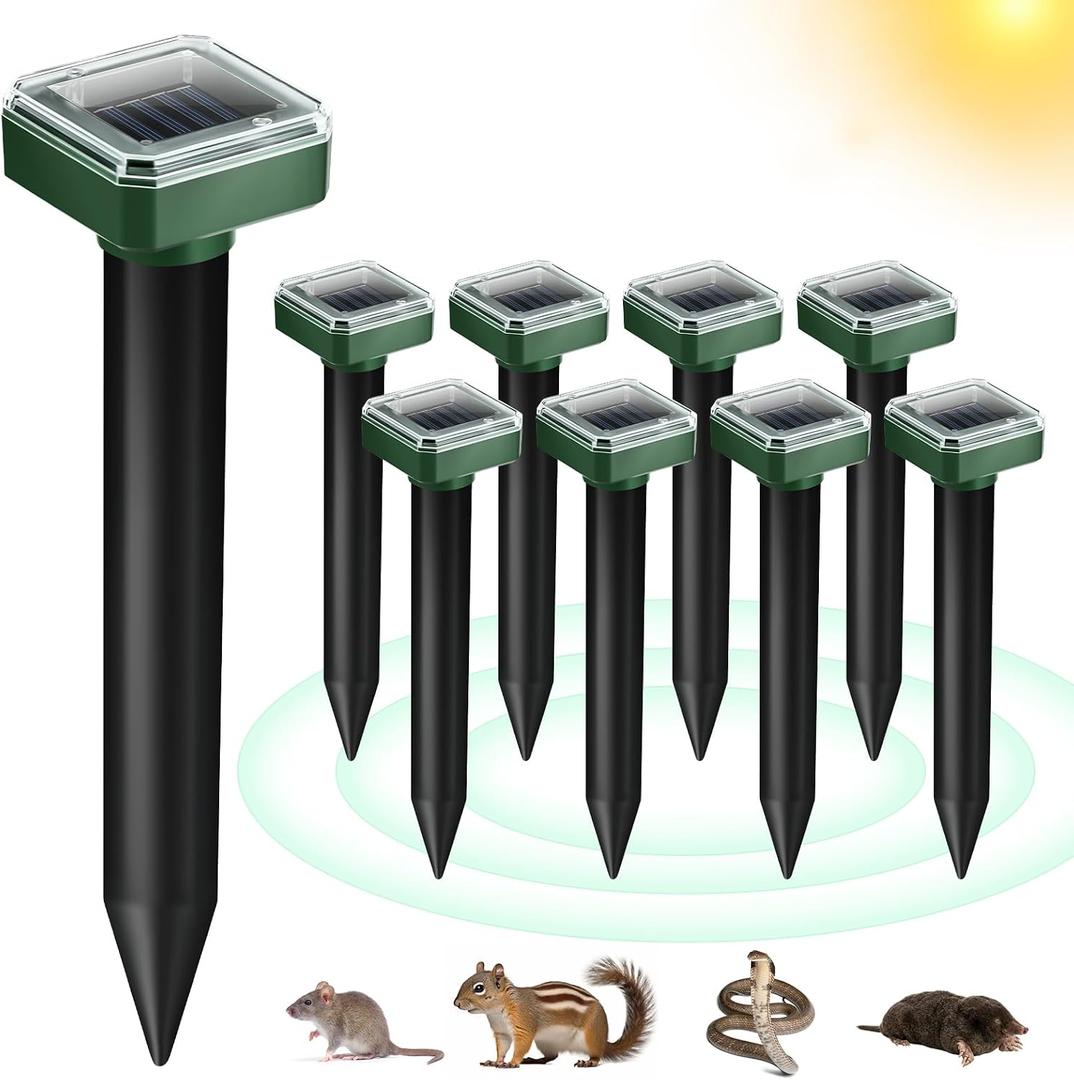 8 Pack Solar Mole Repellent Ultrasonic Gopher Repellent Outdoor Vole Chaser Sonic Mole Deterrent Stake Spikes Waterproof, Keep Moles, Gophers, Voles, Snakes, Groundhogs, Chipmunks Out of Yard Lawn