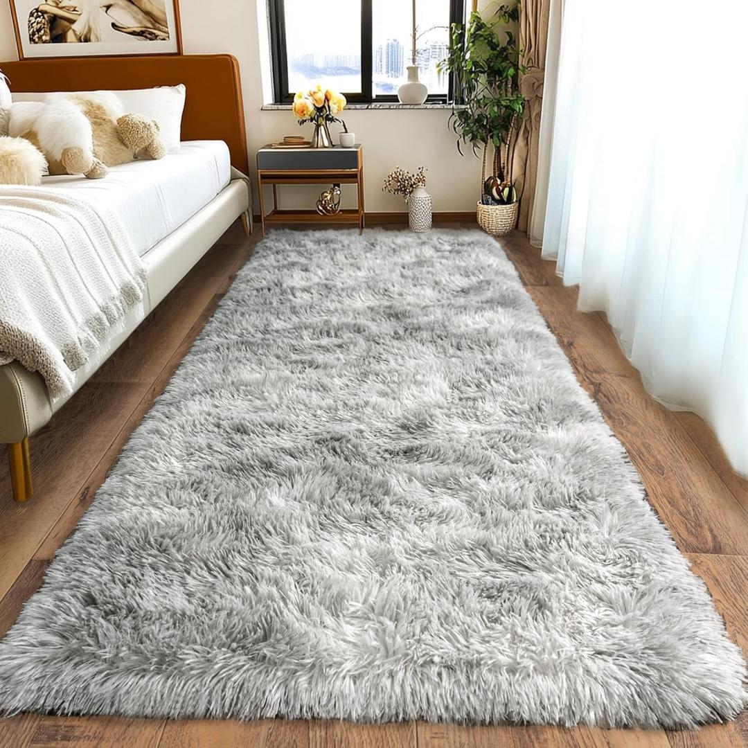 Fluffy Runner Rugs for Bedroom 2x6, Modern Shaggy Area Rug for Hallway Living Room, Plush Soft Fuzzy Bedside Carpet for Kids Girls Boys Room Nursery Decor, Tie Dye Grey (2x6 Feet, Tie Dye Grey)