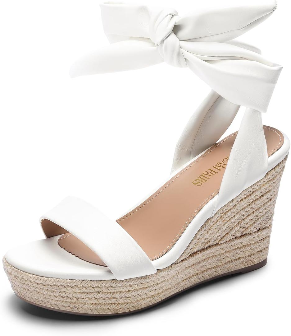 DREAM PAIRS Womens Open Toe Espadrilles Wedges Tie Lace Up Cute Ankle Strap Platform Sandals Dressy Shoes, Size 9, White-Pu, SDPW2301W