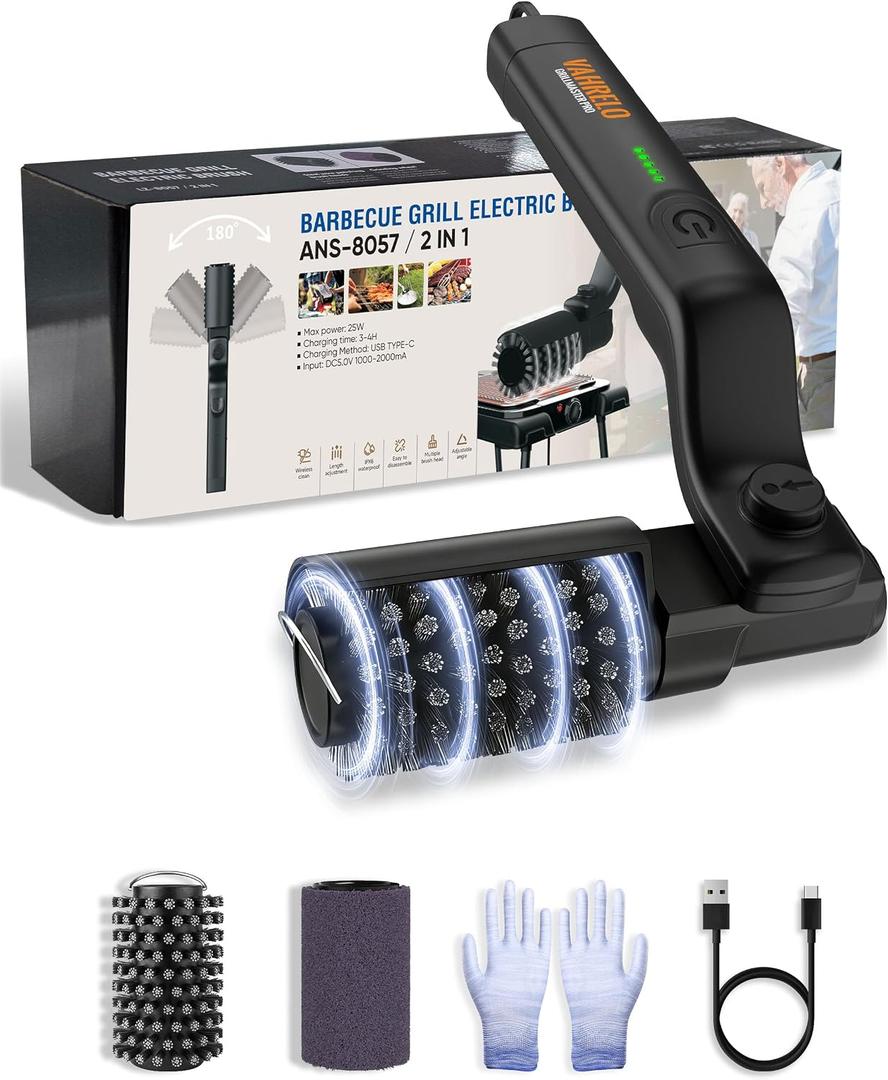Electric Grill Brush Cleaner for Outdoor Grill, 3-Speed High Torque BBQ Grill Cleaner with Adjustable Angle, Steel Bristles, Cordless Rechargeable Type-C for Outdoor Grills