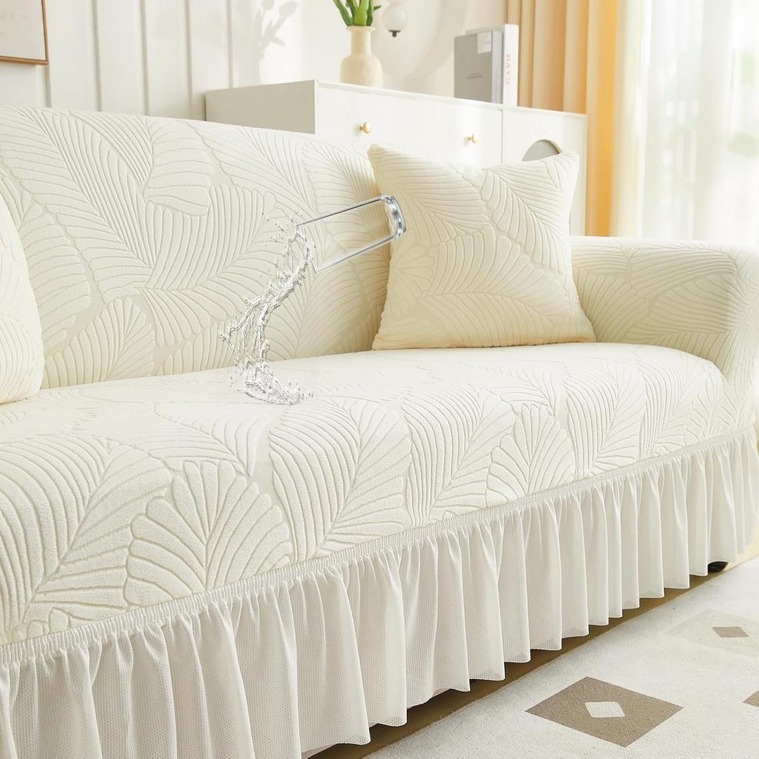 WONGS BEDDING Stretch Velvet Sofa Slipcover, Cushion Couch Cover with Skirt, Pet Friendly Durable Washable Stretchable, Easy Fit Universal Furniture Protector, (45"-66",Beige) (Medium)