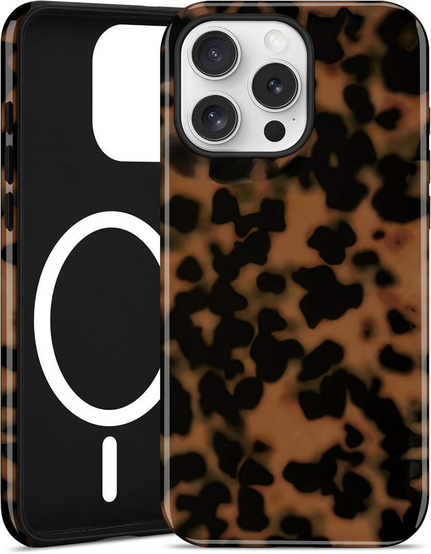 Jusy Compatible with MagSafe Brown Tortoise Shell Print Phone Case for iPhone 14 Pro Max, Amber Trendy Luxury Magnetic Soft TPU and Hard PC Protective Phone Cover for Women Girls - Black