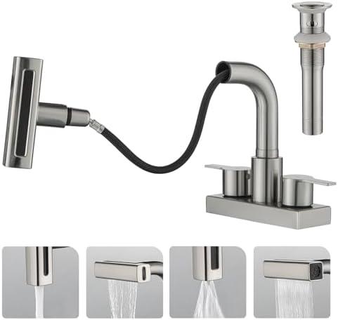 Bathroom Sink Faucet with Pull Down Sprayer 3 Holes, Brushed Nickel 4 inch 2 Handles Centerset Laundry Bar Basin Pull Out Faucet with Pop-Up Drain