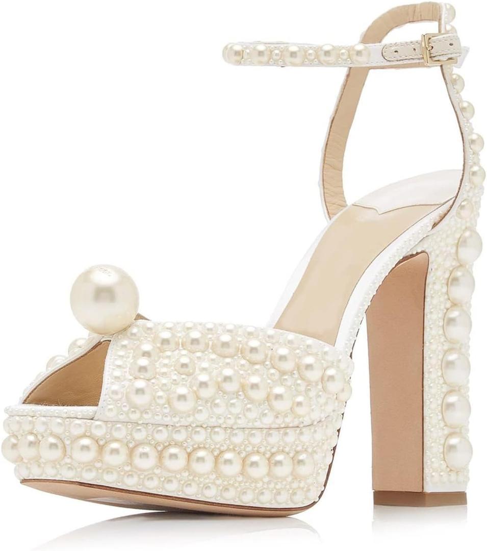 Goolita Womens Open Toe Pearl Platform Heels For Women Chunky Buckle Ankle Strap Wedding Heeled Sandals Dress Evening Bride Bridal Shoes (7, Apricot)